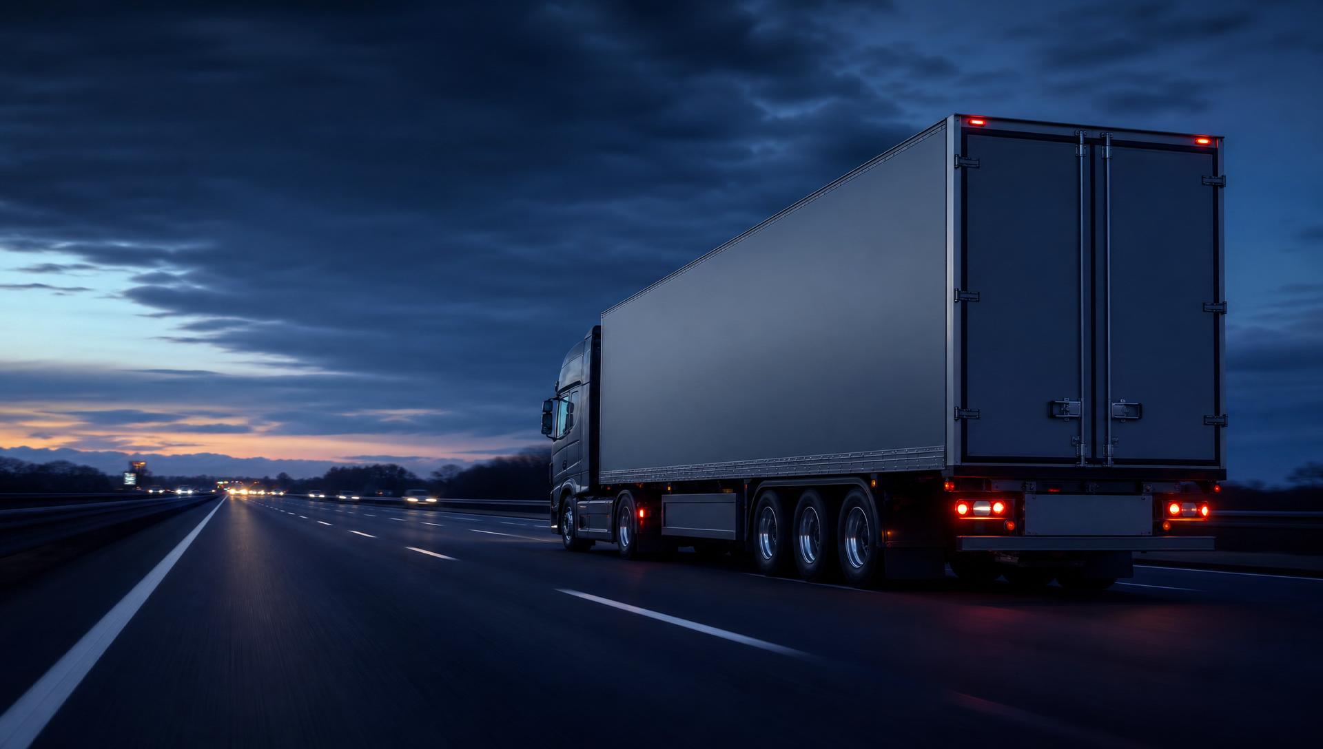 Modern Scania articulated lorry on a UK motorway at dusk