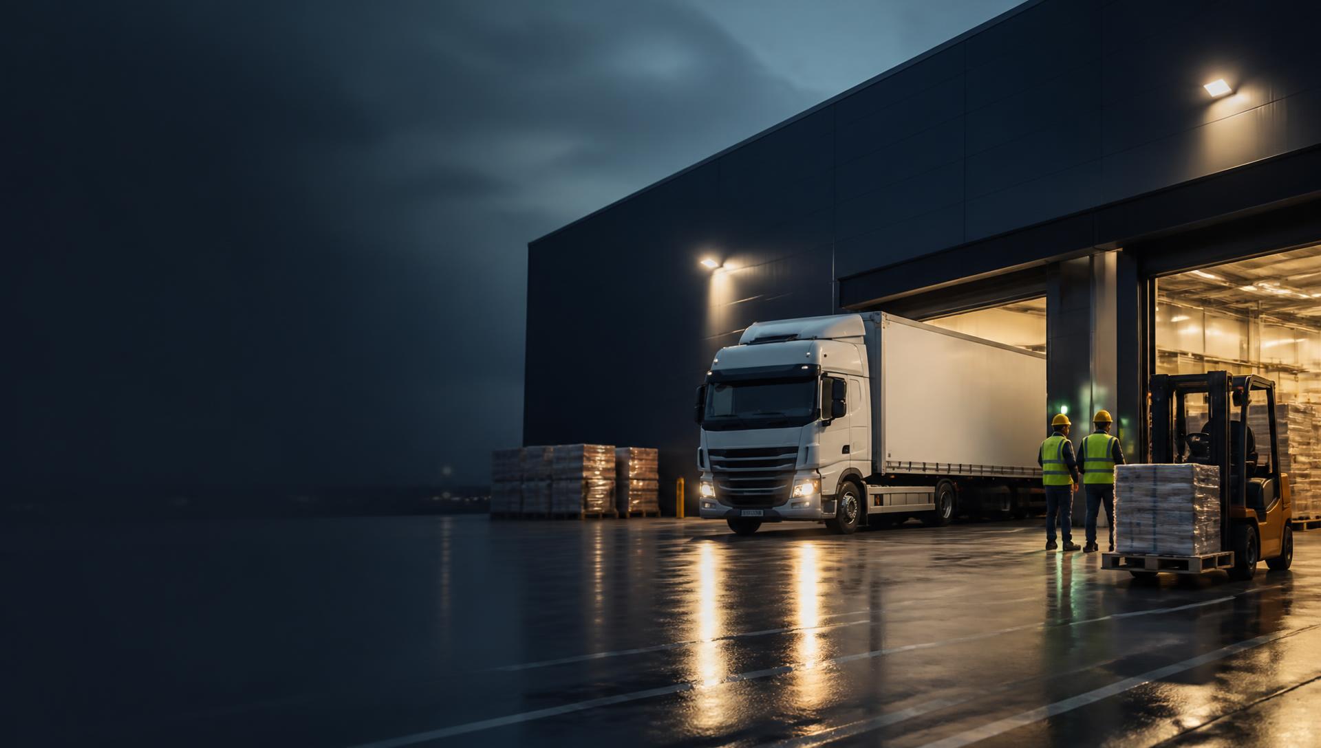 HGV truck at a modern UK distribution centre loading bay with a forklift and warehouse operatives at work